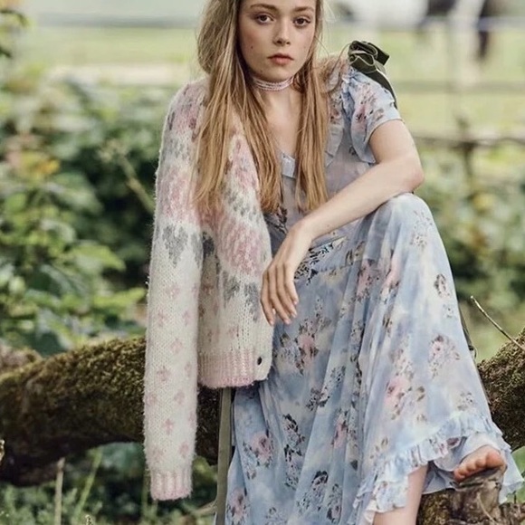 Cardigan sweater heart pink white rose button knit boho women thick - Picture 7 of 7